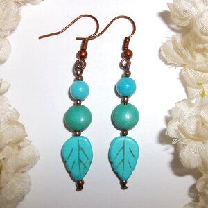 Dangle Beaded Earrings Turquoise Blue Green Copper Boho Bohemian Jewelry D355